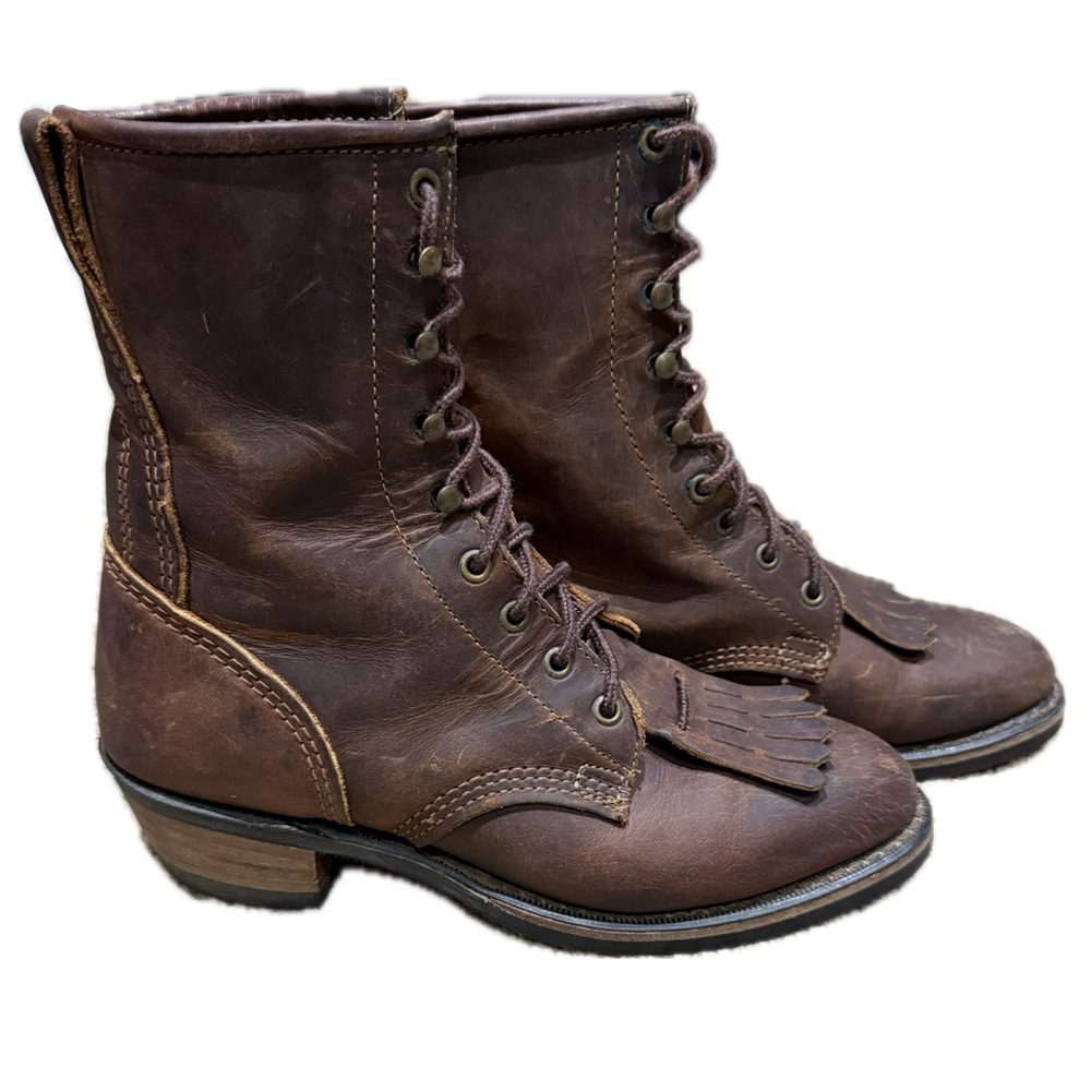 👢🤠 DURANGO Leather Lace-Up Boots Kiltie Fringe Vibram Sole Brown Women’s 10 - Picture 4 of 10